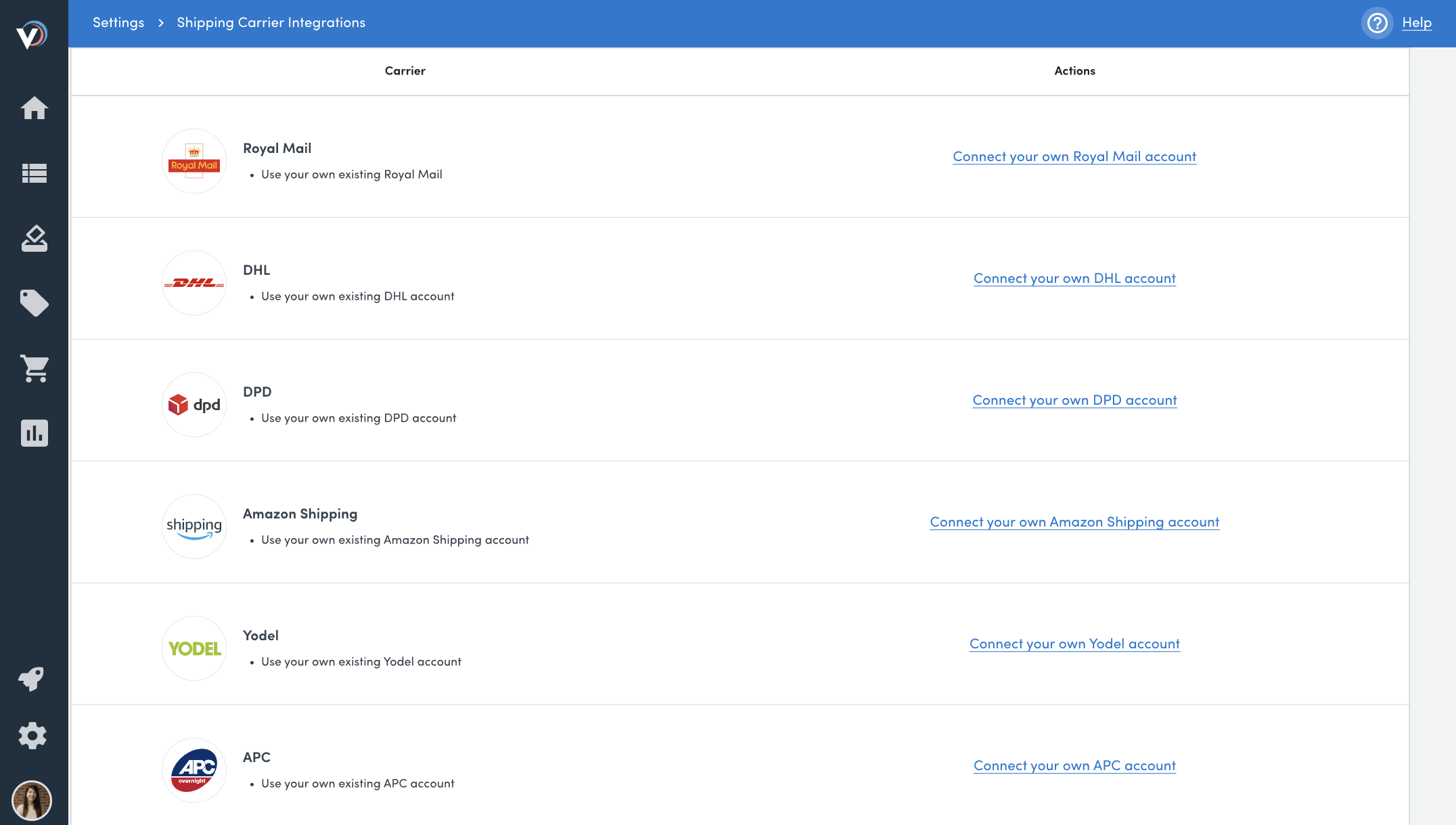 a screenshot of Veeqo's supported shipping carriers