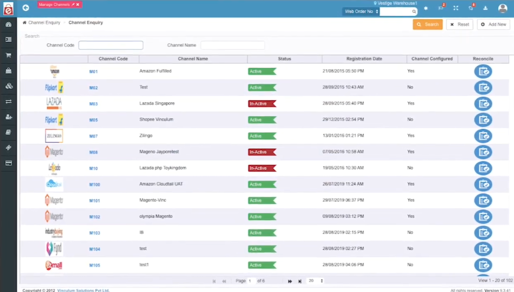 a screenshot of Vin eRetail's active and inactive sales channel integrations