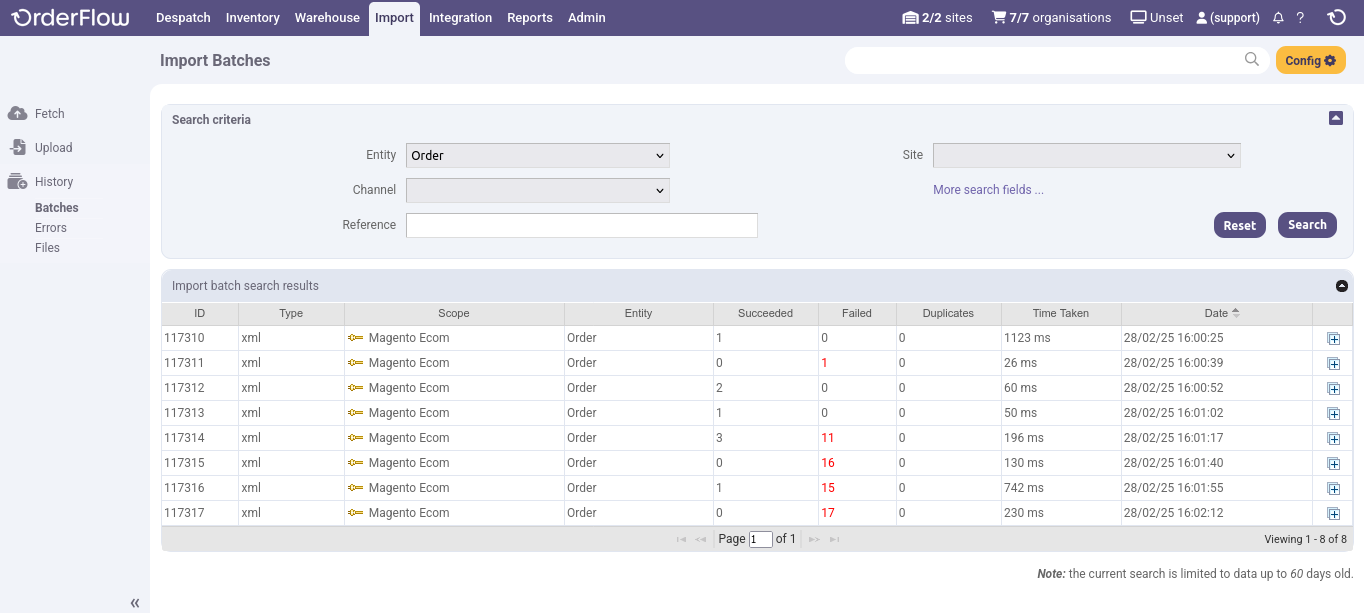 a screenshot of OrderFlow's Magento order export functionality