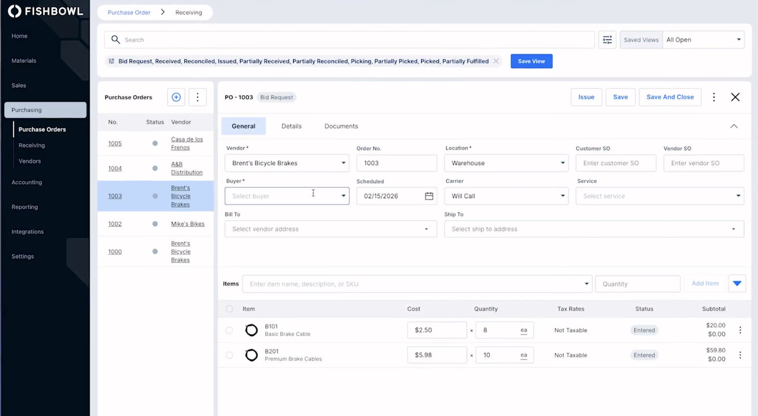 a screenshot of the receiving functionality within Fishbowl's purchase orders