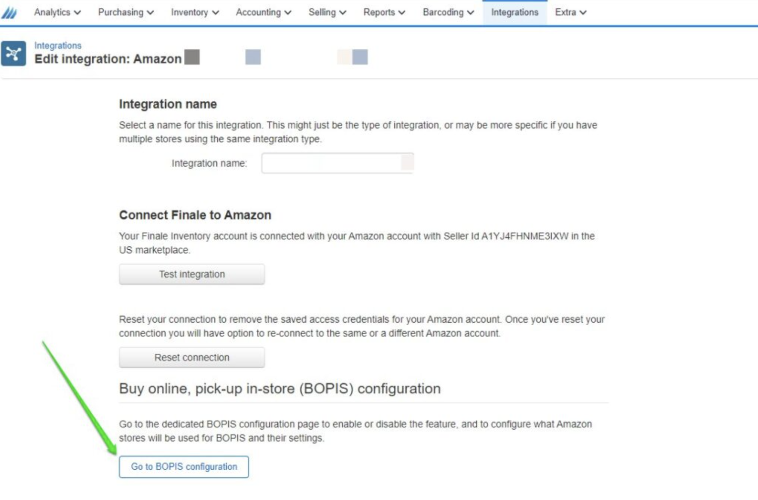 a screenshot of Finale Inventory's integrations tab, featuring amazon and BOPIS configuration