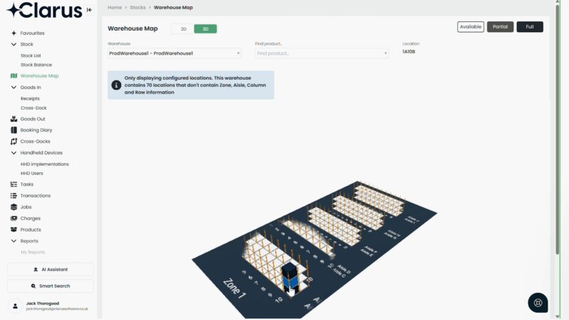 Clarus WMS' interactive 3D warehouse map that automatically visualizes rack layouts, zones, and storage slotting data for real-time inventory management.