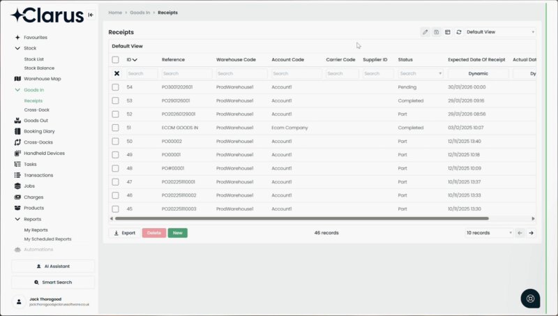 The Receipts dashboard in Clarus WMS . Shows an active tracking list of incoming goods-in deliveries, including details like transaction IDs, warehouse locations, receipt references, and processing statuses.